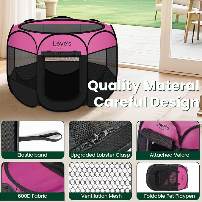 Love's cabin Pet Puppy Dog Playpen, Large Dog Tent Crates Cage Indoor/Outdoor, Portable Playpen for Cat, Foldable Pop Up Dog Kennel Playpen with Carring Case, Removable Zipper Top, Pink