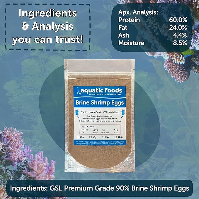 Aquatic Foods Inc. Brine Shrimp Artemia Eggs, Premium Grade 90% Hatch Rate from The Great Salt Lake, Utah, USA- 200 Grams 7.05oz