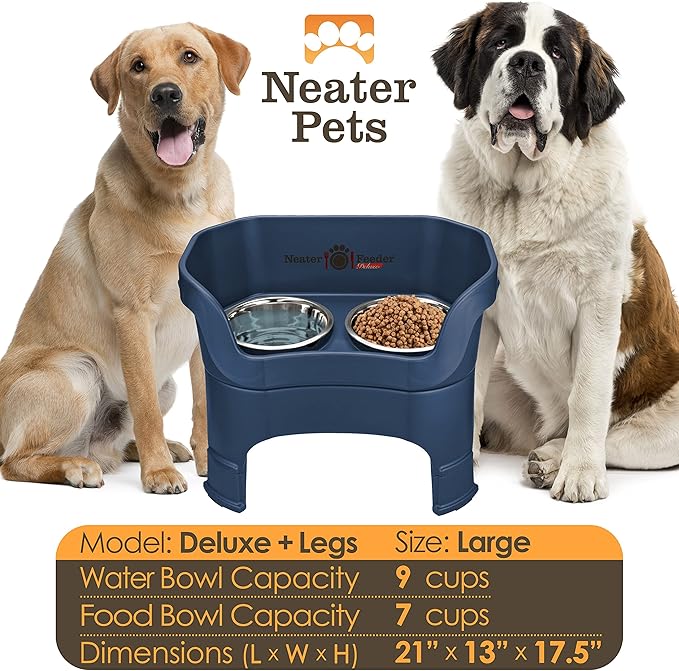 Neater Feeder Deluxe Mess-Proof Elevated Dog Bowls for Large Dogs (40+ lbs), 2 Height Adjustable (14.5” & 17.5”) No-Spill Raised Dog Bowl Stand, Stainless Steel Food Bowl Set, Made in USA, Dark Blue