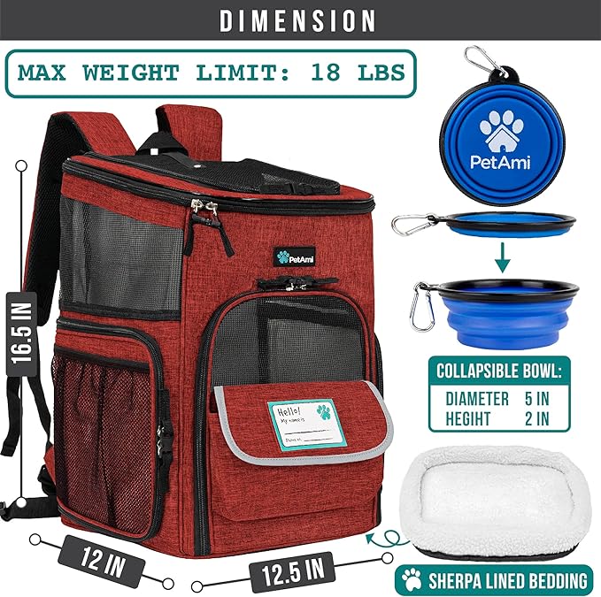 PetAmi Dog Backpack Carrier, Airline Approved 4-Way Entry Cat Backpack Carrier, Ventilated Mesh, Collapsible Pet Carrier for Small Puppy, Kitten, Hiking, Travel Car, Vet, up to 18 lbs, Red