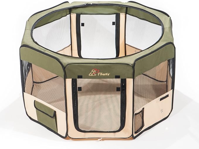 Pawer 45”×24” 8-Panel Foldable Pet Playpen, Olive+Beige, Personalize Embroidery Extra Fabric Piece Available, for Cat/Dog/Puppy, 600D Oxford Cloth Portable Indoor & Outdoor Kennel with Carry Bag