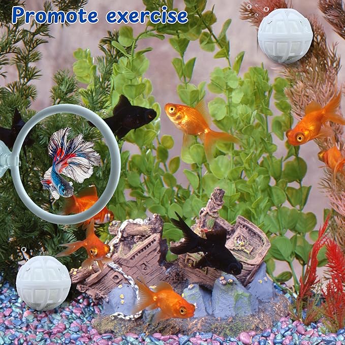 Betta Fish Exercise Ring and Filter Balls Set, Betta Ring Training Loop with Suction Cup and Nitrifying Ball, Betta Enrichment Toys, Aquarium Toys for Fish Turtle Tank Small Fish Tank (White, M-73mm)