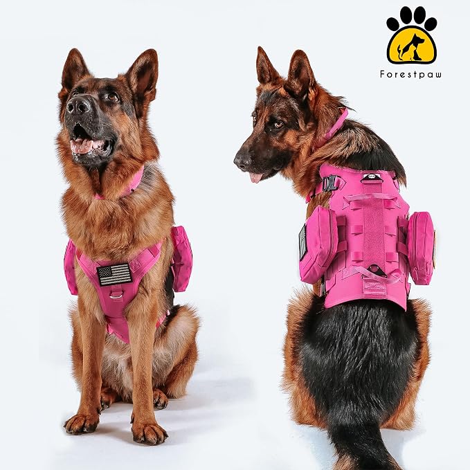 Forestpaw Pink Tactical Dog Harness for Medium Dogs,Tactical Dog Collar with Bungee Leash Set,No Pull Military Dog Harness for Walking Training,Adjustable for Medium Dogs,Chest 22-35"