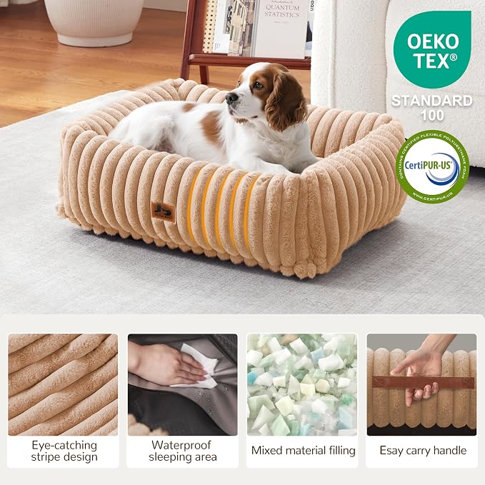 Washable Dog Bed Small Medium Size Dog, Rectangle Orthopedic Pet Bed for Car and Indoor,Fluffy Memory Foam Dog Beds with Anti-Slip Bottom,Camel(25x21x7inchs)