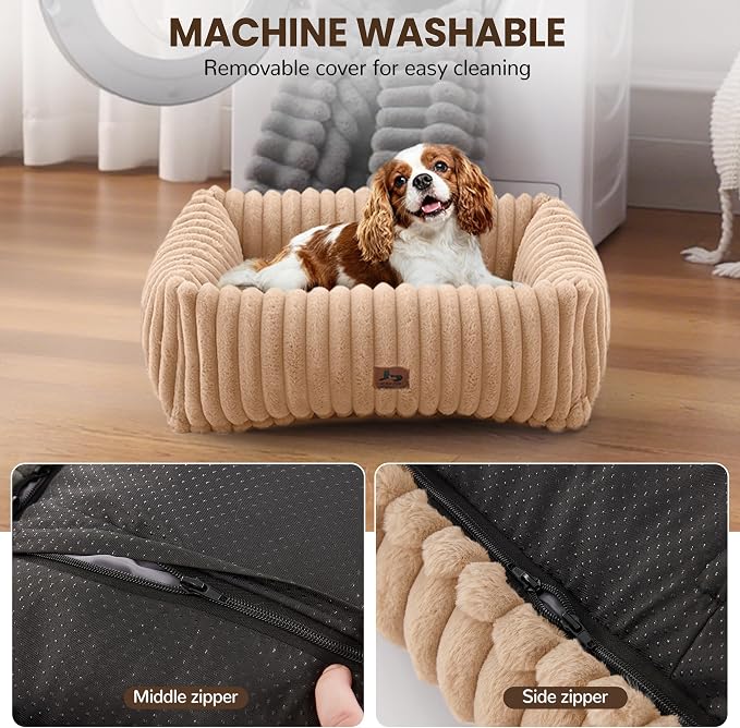 Washable Dog Bed Small Medium Size Dog, Rectangle Orthopedic Pet Bed for Car and Indoor,Fluffy Memory Foam Dog Beds with Anti-Slip Bottom,Camel(25x21x7inchs)