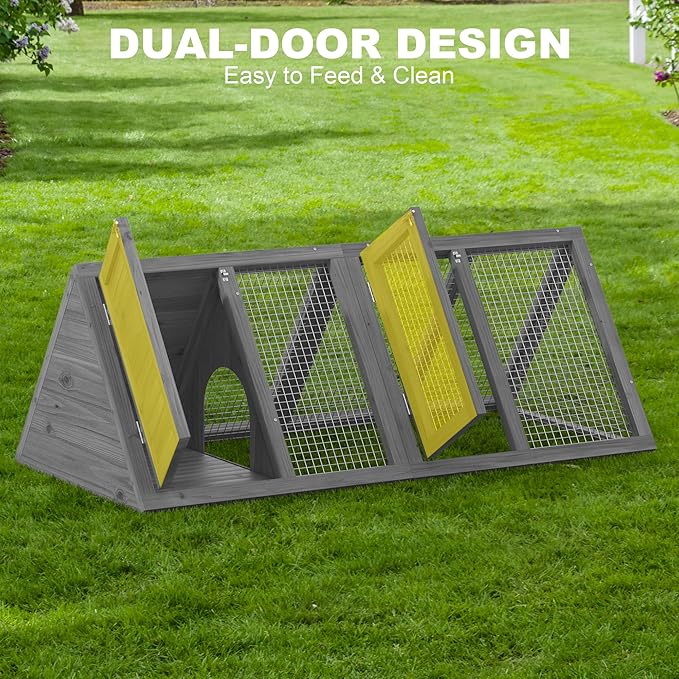 Small Chicken Coop, Rabbit Hutch Outdoor, Wooden Triangle Rabbit Cage with 2 Door & Poultry Run, Portable Bunny Hutch for Chicken, Rabbit, Guinea Pigs, Hedgehog, Small Animals (Modern Grey)