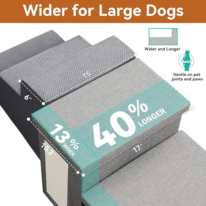 Zerbuger Dog Stairs with Storage, Grey Cat Scratcher 3 Steps Ramp no Condo | 18" H Wider Dog Steps for High Beds Couch, Folding Storage Pet Stairs Gift for Climbing Small/Medium/Large Old Dogs Cats
