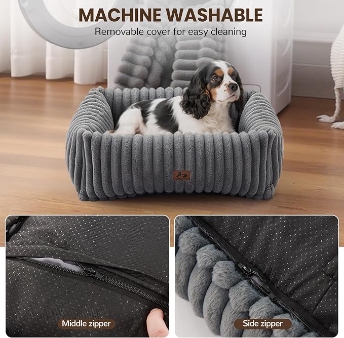 Washable Dog Bed Small Medium Size Dog, Rectangle Orthopedic Pet Bed for Car and Indoor,Fluffy Memory Foam Dog Beds with Anti-Slip Bottom,Grey(25x21x7inchs)
