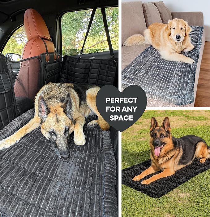 Dog Bed for Car Back Seat Extender - Non-Slip Backseat Cushion for Dogs - Travel Plush Pet Mat Topper for Cars, Trucks, SUVs - Machine Washable Pad Blanket - Black, 54" x 24.8"