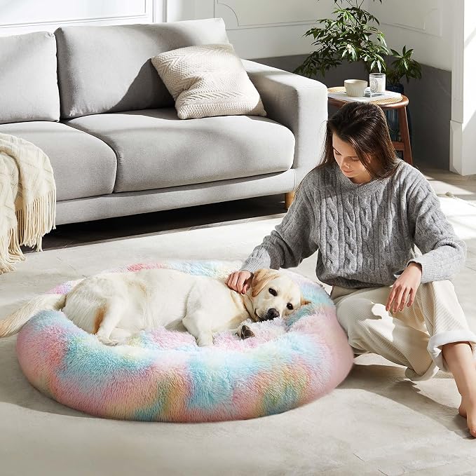 Western Home Calming Donut Large Dog Bed Pet Bed,36" Rainbow | Fluffy Faux Fur Round Cuddler,Anti-Anxiety,Anti-Slip Bottom,Plush Round Pet Dog Beds for Large Sized Dogs,Up to 80 LBS