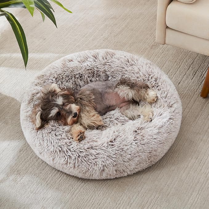 Western Home Calming Donut Small Dog Cat Bed Washable Puppy Bed,24" | Fluffy Faux Fur Round Cuddler,Anti-Anxiety,Anti-Slip Bottom,Pet Beds for Puppy&Small Dog&Large Cat,Up to 25 LBS White Khaki