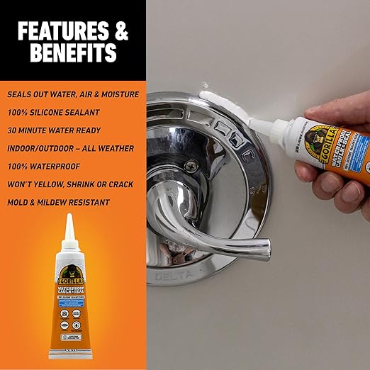 Gorilla 100% Silicone Caulk, Waterproof Sealant, 2.8oz Squeeze Tube (Pack of 2) – White -10 Year Mold Resistant Kitchen, Window, Bath, Marine, Door and More