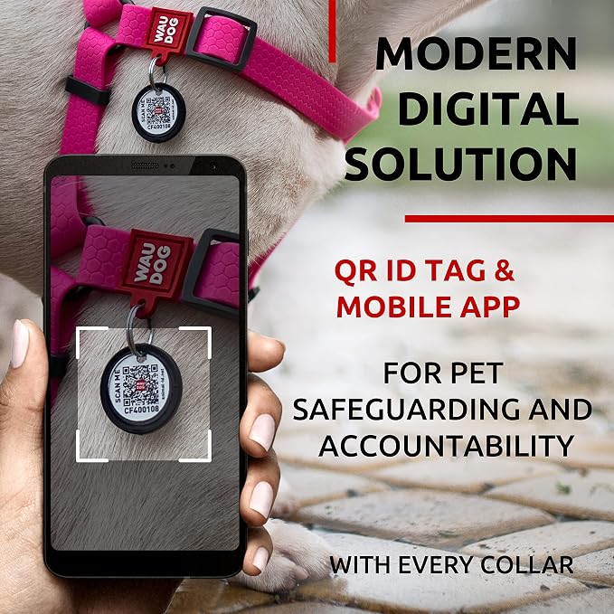 WAUDOG Waterproof Dog Harness - Adjustable, Heavy Duty with Durable Metal Clasp & QR Dog Tag - Modern Style for Medium Dogs - Pink, Size S: 16-22"