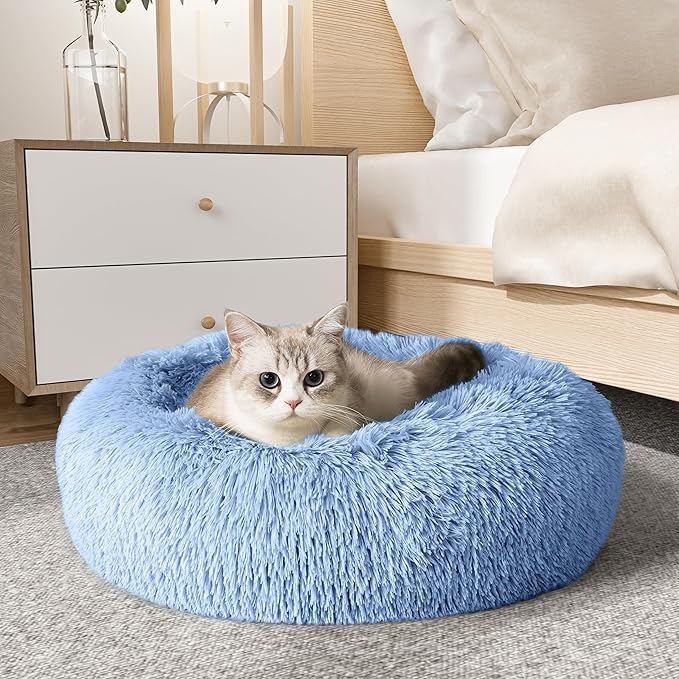 Western Home Calming Donut Cat Bed Small Dog Bed Washable,20" Light Blue | Fluffy Faux Fur Round Cuddler,Anti-Anxiety,Anti-Slip Bottom,Self-Warming Pet Bed for Small Dog&Kitten&Puppy,Up to 12 LBS