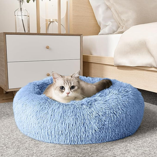 Western Home Calming Donut Cat Bed Small Dog Bed Washable,20" Light Blue | Fluffy Faux Fur Round Cuddler,Anti-Anxiety,Anti-Slip Bottom,Self-Warming Pet Bed for Small Dog&Kitten&Puppy,Up to 12 LBS
