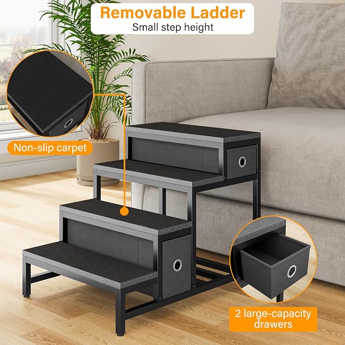 kepptory Pet Bunk Bed with Stairs and Storage, Dog Beds Attachment to Human Bed, Bedside Dogs Cot for Small, Medium Cats & Dogs, Pet Window Perch (Black)
