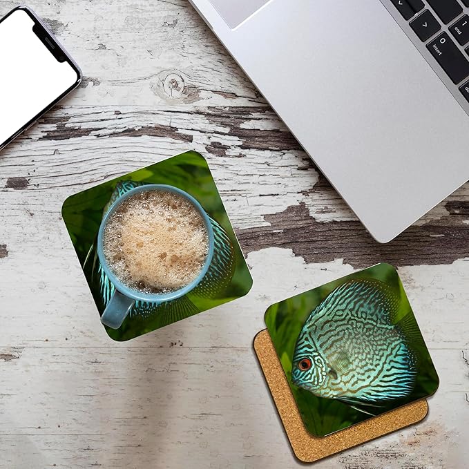 3dRose Blue Exotic Discus Fish Set of 8 Coasters - Cork
