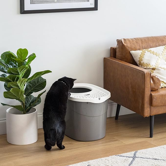 IRIS USA Cat Litter Box Large Top Entry with Lid Enclosed Covered Hooded Design Litter Catching Scatter Shield Pan Dog Proof Pet Proof Scoop Included Odor Control for Indoor Cats Kittens Gray/White