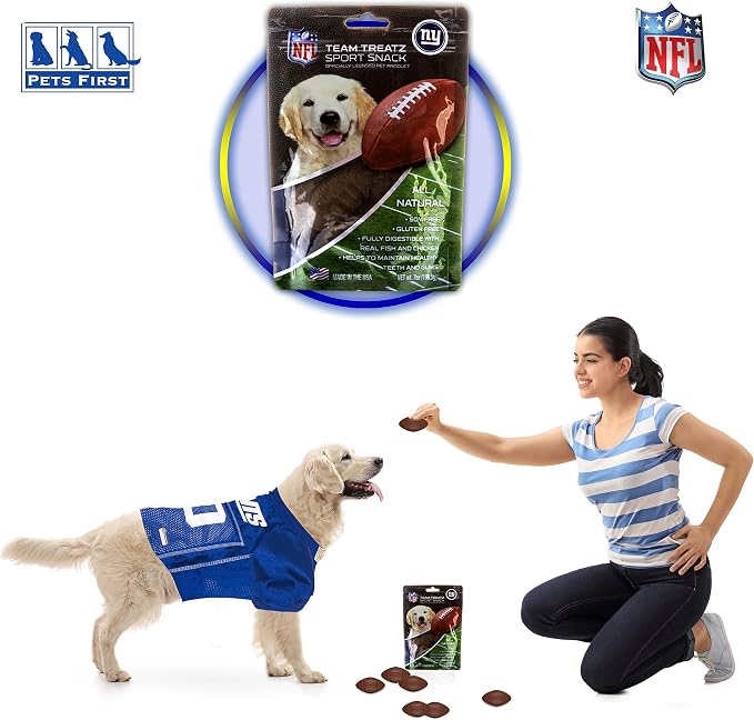 New York Giants PET GIFT BOX with 2 Licensed DOG TOYS, 1 Logo-engraved NATURAL DOG TREAT, 1 NFL JERSEY, 1 Puppy Training Bells & 1 Car Seatbelt