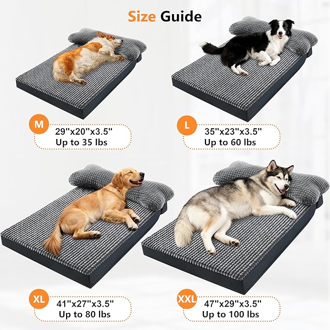 KISYYO Orthopedic L Dog Beds for Large Dogs with Removable Washable Cover and Removable Pillow for Crate,Waterproof Extra Large Dogs Mat, Grey, 35x23