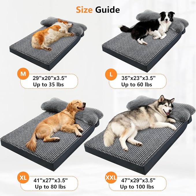 KISYYO Orthopedic XL Dog Beds for Extra Large Dogs with Removable Washable Cover and Removable Pillow for Crate,Waterproof Extra Large Dogs Mat, Grey, 41x27