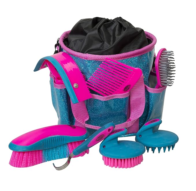 Weaver Equine Horse Grooming Kit, 7-Piece Horse Brush Set with Organizer Tote Bag, Hoof Pick, Comb, Sweat Scraper, Equine Tools for Daily Grooming, Blue Glitter
