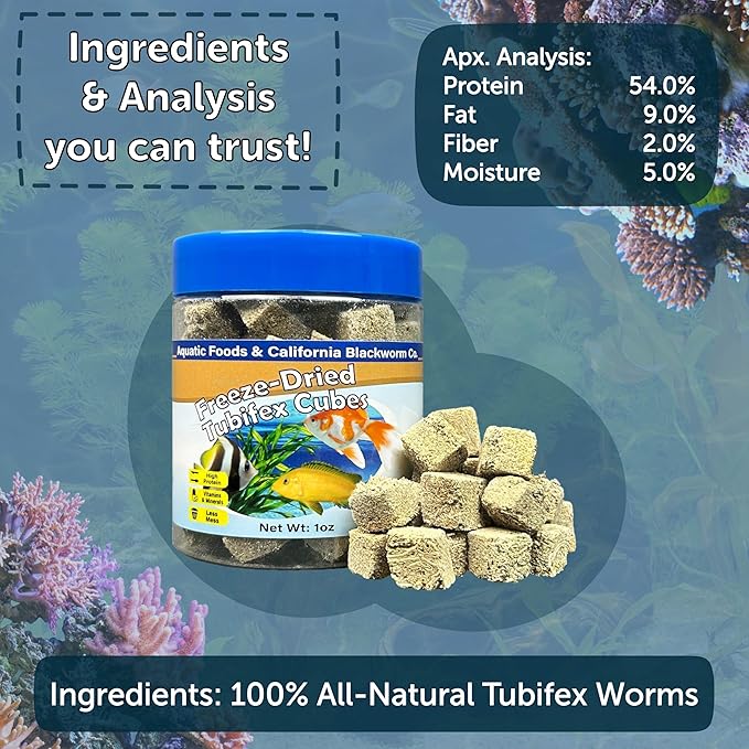 Aquatic Foods Inc. Tubifex Worms, Freeze Dried Tubifex Worm Cubes for Cichlids, Discus, Bettas, Marine Fish, Goldfish, Tropical Fish, 4-Type Wafer Mix & 12-Type Pellet Mix Included..1.80oz Canister