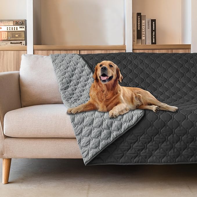 gogobunny Waterproof Dog Blankets for Large Dogs, Pet Bed Cover Breathable | Washable Pee Pads, Quilted Throw Blanket, Furniture Protector for Couch Sofa Bed Car, 82x82 Inch Dark/Light Charcoal