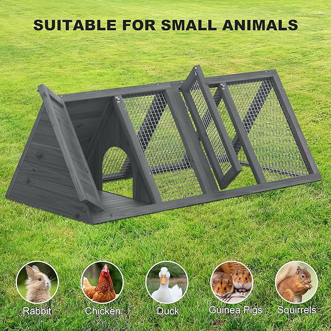 Small Chicken Coop, Rabbit Hutch Outdoor, Wooden Triangle Rabbit Cage with 2 Door & Poultry Run, Portable Bunny Hutch for Chicken, Rabbit, Guinea Pigs, Hedgehog, Small Animals (Modern Grey)