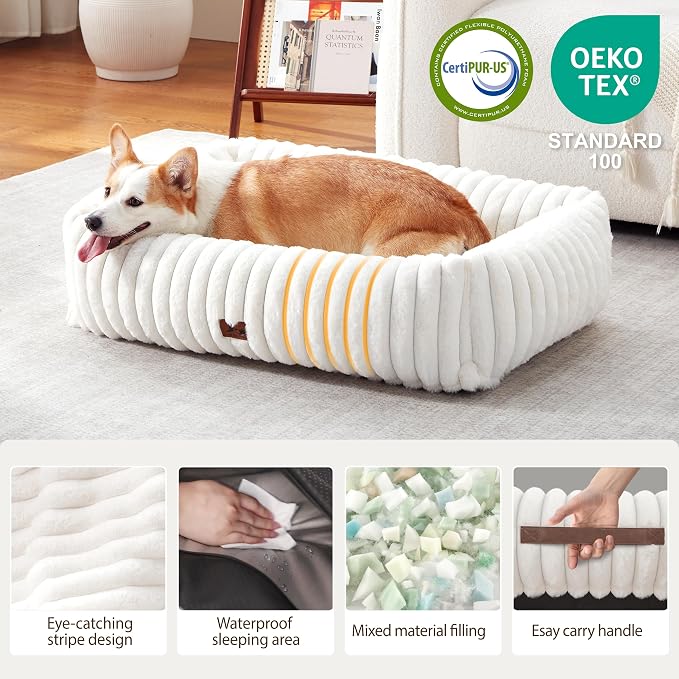 Dog Bed Medium Size Dog, Rectangle Orthopedic Pet Bed for Car and Indoor, Comfort Fluffy Memory Foam Dog Beds with Anti-Slip Bottom, Cream(30x24x8inchs)