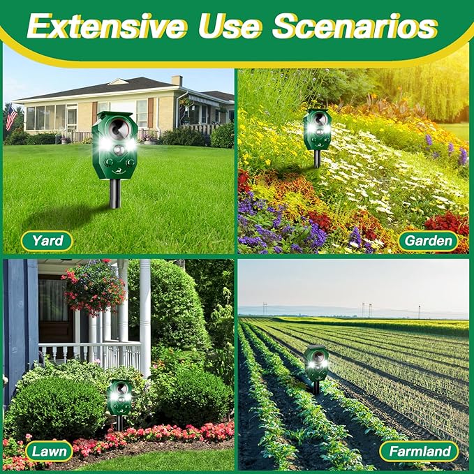Solar-Powered Ultrasonic Animal Repellent with Motion Sensor, Perfect for Outdoor Yards, Deer Repellent Device with LED Flashing Lights, Effective to Repel Deer, Coyotes, Raccoons, and Cats