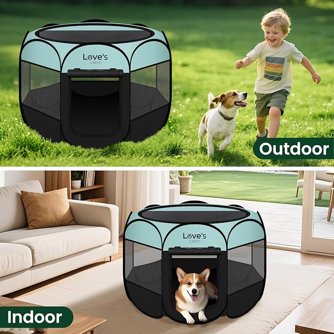 Love's cabin Pet Puppy Dog Playpen, Medium Dog Tent Crates Cage Indoor/Outdoor, Portable Playpen for Cat, Foldable Pop Up Dog Kennel Playpen with Carring Case, Removable Zipper Top, Green
