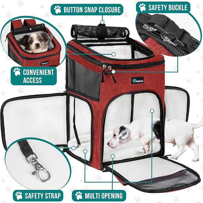 PetAmi Dog Backpack Carrier, Airline Approved 4-Way Entry Cat Backpack Carrier, Ventilated Mesh, Collapsible Pet Carrier for Small Puppy, Kitten, Hiking, Travel Car, Vet, up to 18 lbs, Red