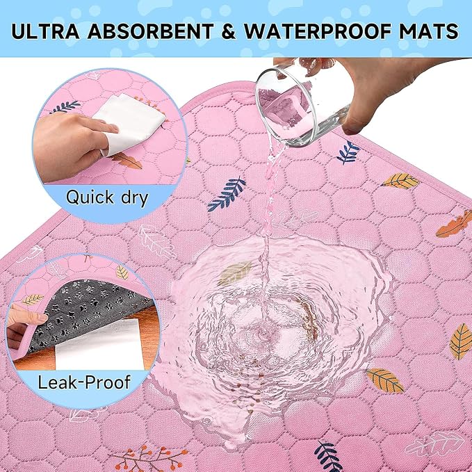 Sunheir Washable Pee Pads for Dogs Large 24" x 72" 2-Pack Reusable Puppy Pads Pet Training Pads, Absorb Dog Mats, Whelping Pad, Non-Slip Protects Against Urine Leakage, Runner Rug (Leaves - Pink)