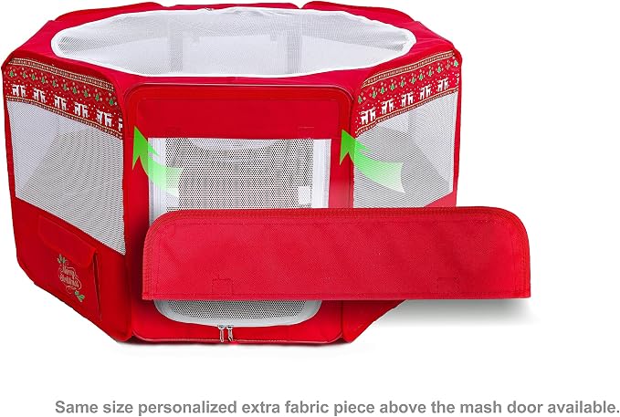 Pawer 45"x24" 8-Panel Foldable Pet Playpen, Red with Christmas Pattern Printing,Personalize Extra Fabric Piece Available, for Cat/Dog/Puppy, 600D Oxford Cloth Portable Kennel with Carry Bag