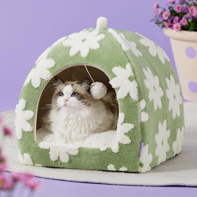 Lesure 2in1 Cute Cat House for Kitten with Washable Cushioned Pillow,17.3in | Cat Beds for Indoor Cats,Small Pet Cave Tent,Cozy Enclosed Foldable Hideaway,Fluffy Ball,Anti Slip Bottom,Hand Strap,Green