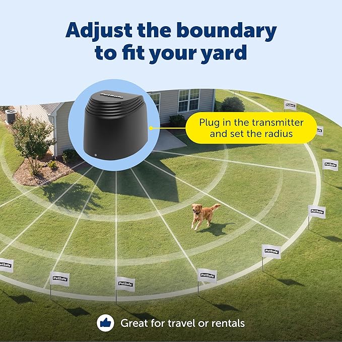 PetSafe Stay & Play Compact Wireless Fence, LCD Screen to Adjust the Circular Boundary, Secure up to 3/4 Acre Area, for Dogs 5lbs and up, Portable System with 50 Extra Flags