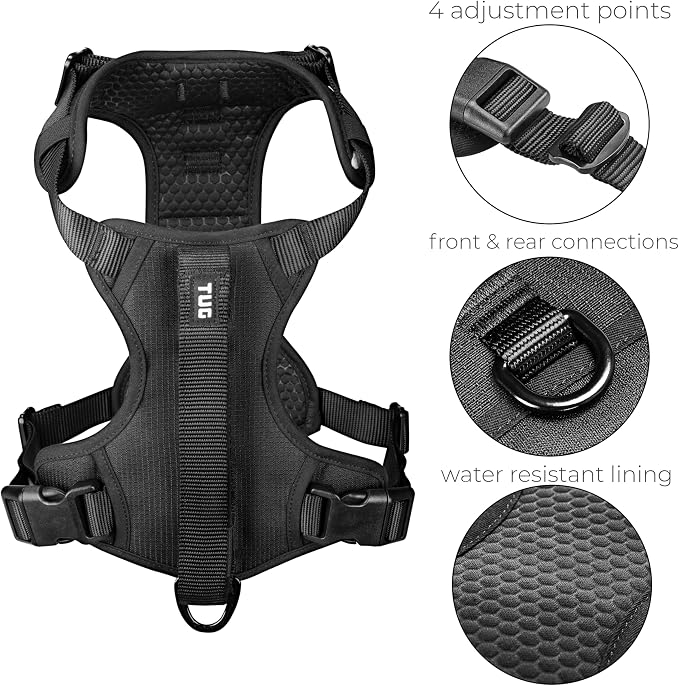 TUG Grab Dog Harness with Built-in Magnetic Traffic Leash (Medium/Black) | Padded Magnetic Traffic Handle | Dual Leash Clips | 4-Point Adjustable Fit | Durable Nylon