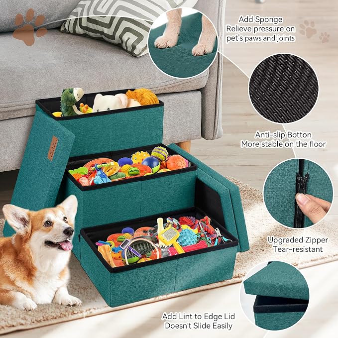 Zerbuger Dog Stairs with Storage, Dark Green 3 Steps Dog Ramp no Condo | 18" H Wider Dog Steps for High Beds Couch, Folding Storage Pet Stairs Gift for Climbing Small/Medium/Large Old Dogs Cats