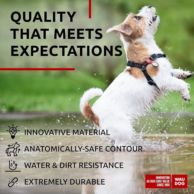 WAUDOG Waterproof Harness - Adjustable for Large, Small and Medium Dogs - Heavy Duty with Durable Metal Clasp and QR Tag - Boy & Girl - Black (16-22in)