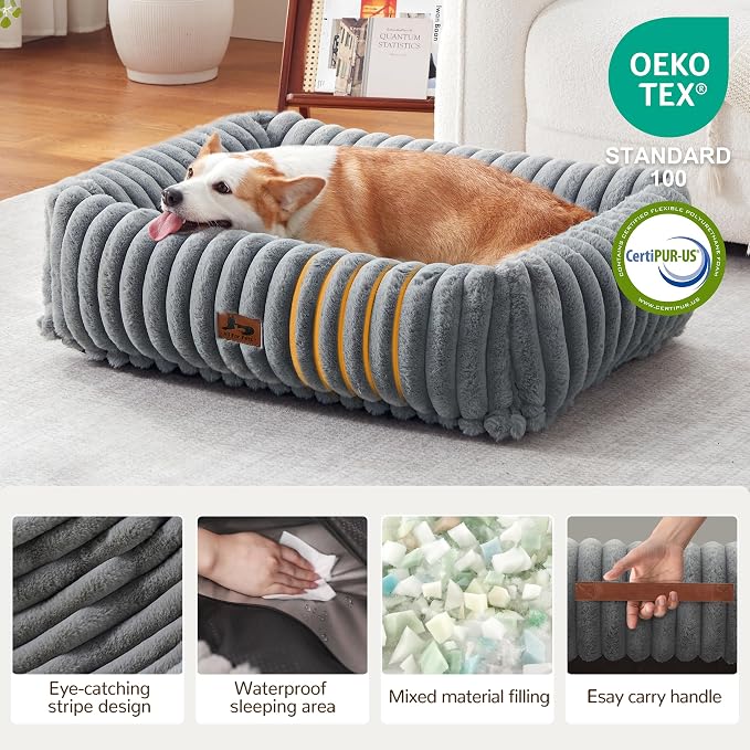 Dog Bed Medium Size Dog, Rectangle Orthopedic Pet Bed for Car and Indoor, Comfort Fluffy Memory Foam Dog Beds with Anti-Slip Bottom,Grey(30x24x8inchs)