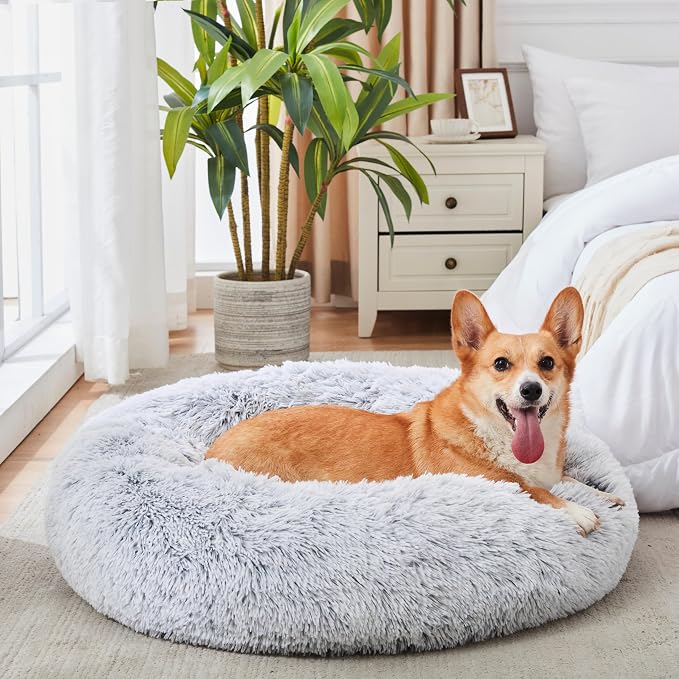 Western Home Calming Donut Medium Dog Bed Washable Pet Bed,30" Light Grey | Fluffy Faux Fur Round Cuddler,Anti-Anxiety,Anti-Slip Bottom,Plush Pet Dog Beds for Medium Sized Dogs,Up to 45 LBS