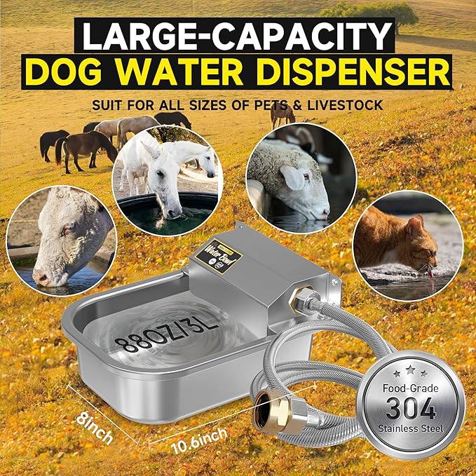 PETTEN 3L Automatic Dog Water Bowl Dispenser, Stainless Steel Self-Filling Water Bowl for Large Dogs & Outdoor Auto-Filling Fresh Water with 3/4" GHT Hose Connection