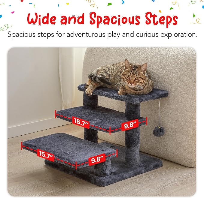15''H Multi-Step Pet Stairs for High Beds & Sofas, 3-Step Cat Stairs with 2 Toy Balls, Wide Boards for Indoor Kittens Dogs Pets Climbing, Smoky Grey
