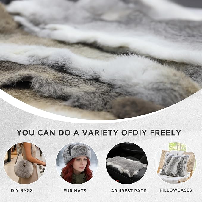 Craft Rabbit Fur Pelt Skin Genuine Tanned Animal Hide with Sewing Quality Leather 12" by 14" for Decoration DIY Crafts Cat Dog Toys Fur Fabric（8Pcs, Grey）