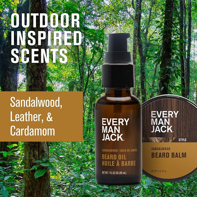 Every Man Jack Beard Care Gift Set for Men – Complete Grooming Kit with Beard Oil, Balm, Brush, Dual-Sided Comb, Trimming Scissors & Mustache Comb - Sandalwood Scent