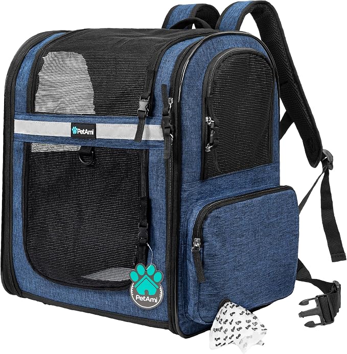 PetAmi Dog Backpack Carrier for Cats, 4-Way Entry Ventilated, 18 lbs, Blue | Sherpa Bed Included, Foldable Load-In Top, Safety Reflective Strap, Breathable Mesh, Poop Bag Dispenser, Padded Back Support