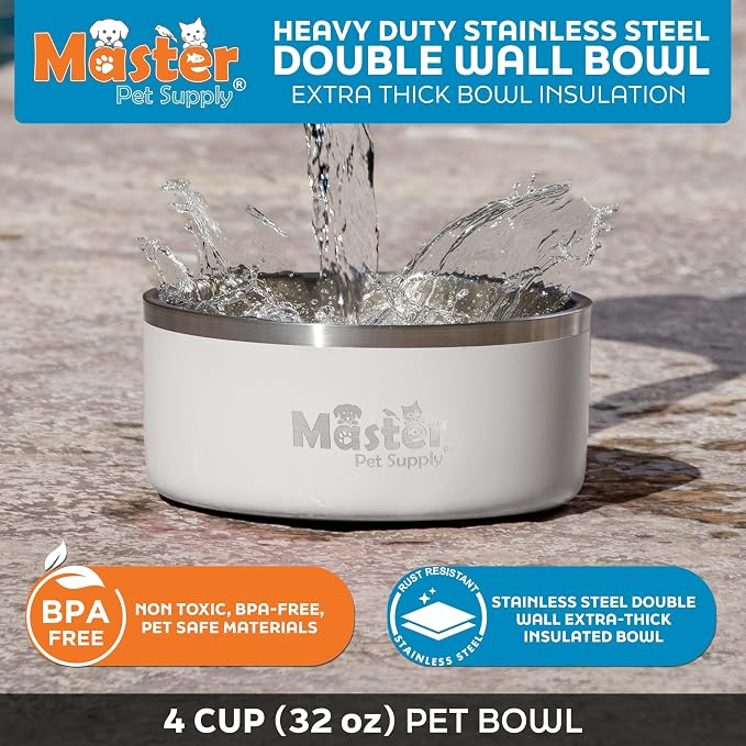 Master Pet Supply Stainless Steel Dog Bowls - 32 oz, Heavy Duty - Bone White, Double Wall Extra-Thick Insulated, Non-Slip Pet Water Bowl for Dogs, Cats & Pets, Anti Rust Metal, Dish Washer Safe