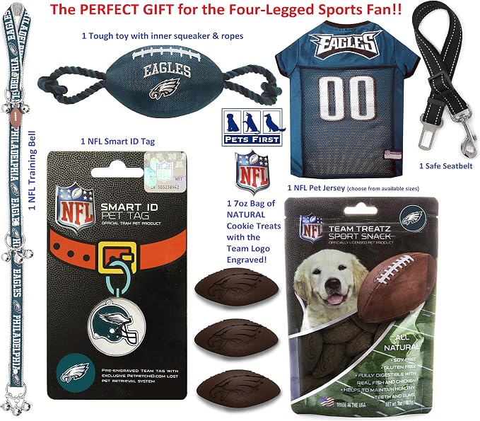 NFL Philadelphia Eagles PET GIFT BOX with 2 Licensed DOG TOYS, 1 Logo-engraved NATURAL DOG TREAT, 1 NFL JERSEY, 1 NFL Puppy Training Bells & 1 Car Seatbelt
