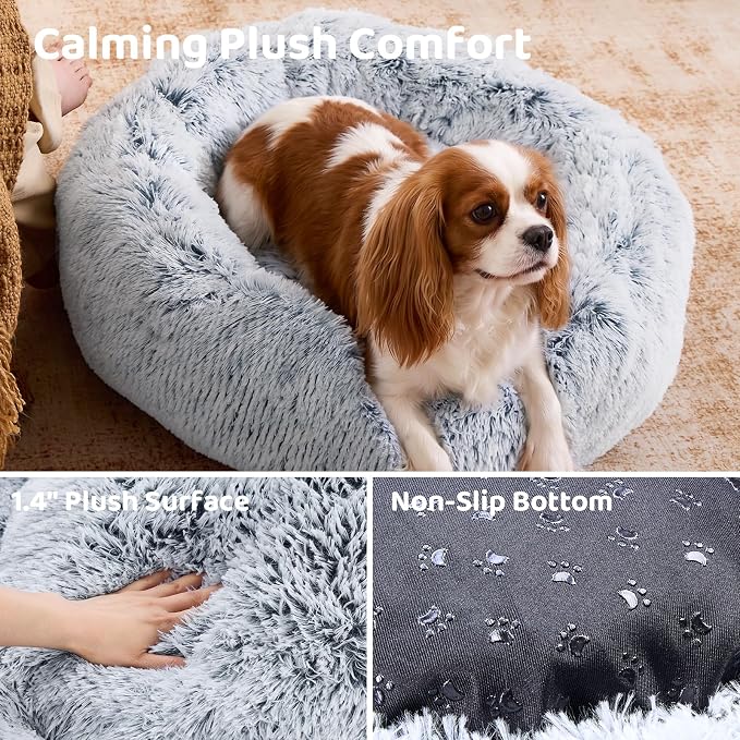 JOLLYVOGUE 23" Dog & Cat Bed, Calming Anti-Anxiety Pet Bed for Small Dogs, Fluffy Donut Cushion for Small and Medium Pets